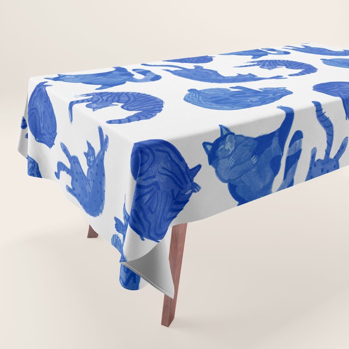 Sleepy Cozy Kitty Cats in Royal Blue & White Tablecloth Gallery Image 1