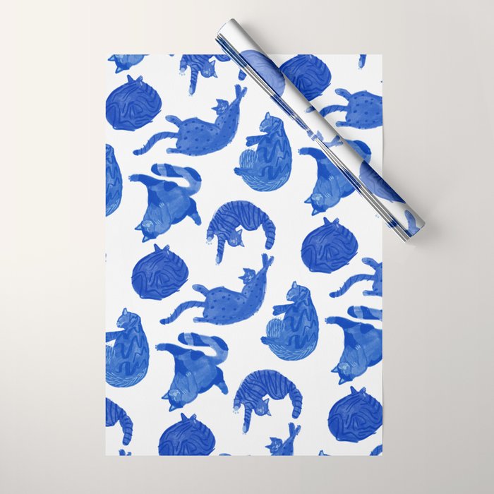 Sleepy Cozy Kitty Cats in Royal Blue & White Wrapping Paper Gallery Image 1