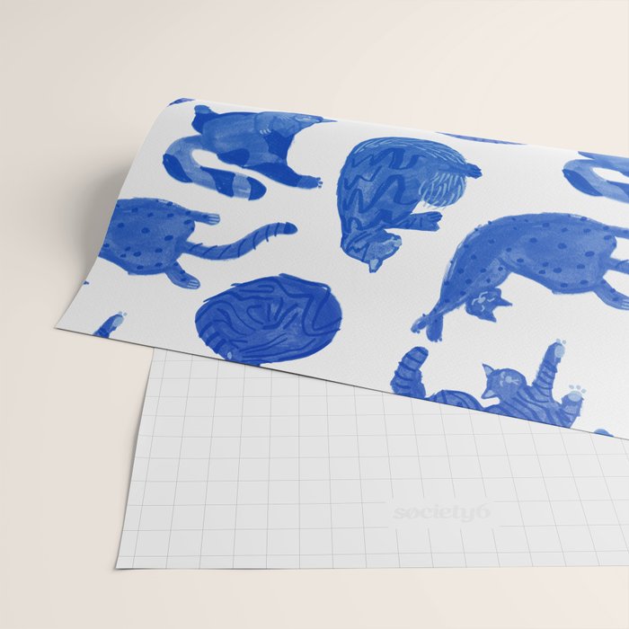 Sleepy Cozy Kitty Cats in Royal Blue & White Wrapping Paper Gallery Image 2