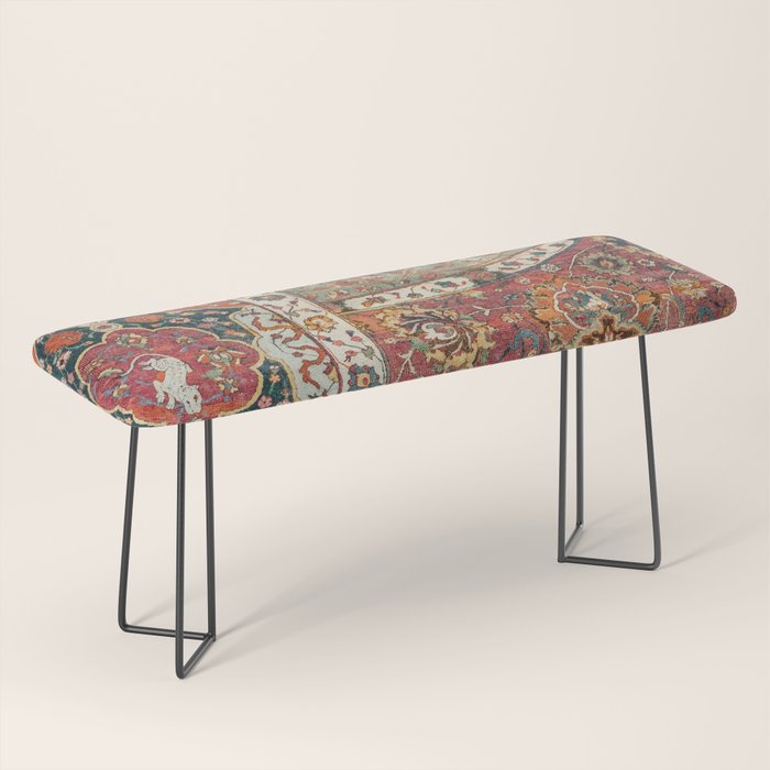 Persian Medallion Rug II // 16th Century Distressed Red Green Blue Flowery Colorful Ornate Pattern Bench Gallery Image 1