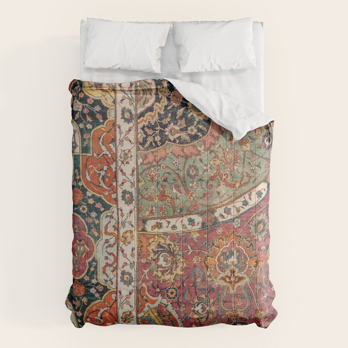 Persian Medallion Rug II // 16th Century Distressed Red Green Blue Flowery Colorful Ornate Pattern Comforter Gallery Image 6