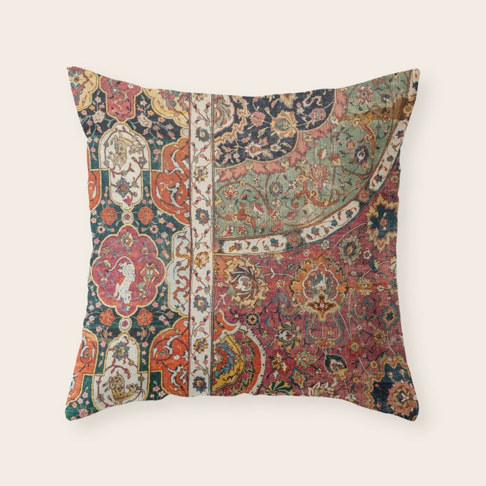 Persian Medallion Rug II // 16th Century Distressed Red Green Blue Flowery Colorful Ornate Pattern Throw Pillow Gallery Image 3
