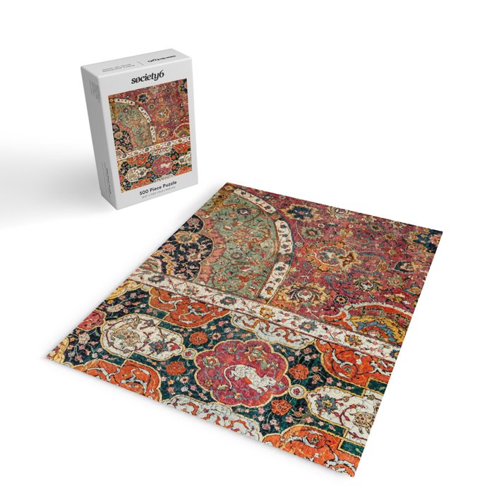 Persian Medallion Rug II // 16th Century Distressed Red Green Blue Flowery Colorful Ornate Pattern Jigsaw Puzzle Gallery Image 2
