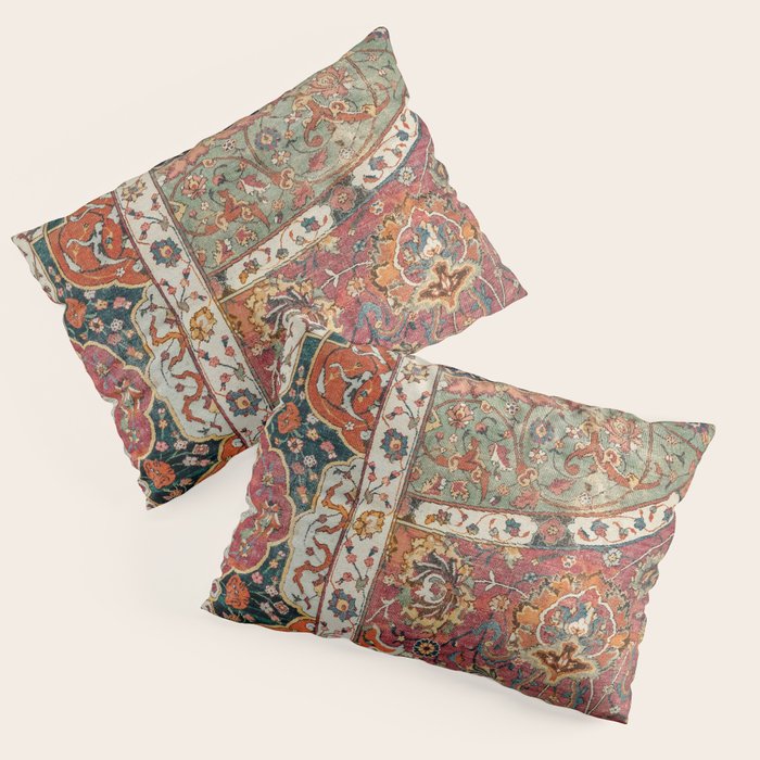 Persian Medallion Rug II // 16th Century Distressed Red Green Blue Flowery Colorful Ornate Pattern Pillow Sham Gallery Image 1