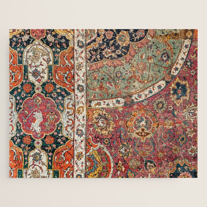 Persian Medallion Rug II // 16th Century Distressed Red Green Blue Flowery Colorful Ornate Pattern Jigsaw Puzzle Gallery Image 1