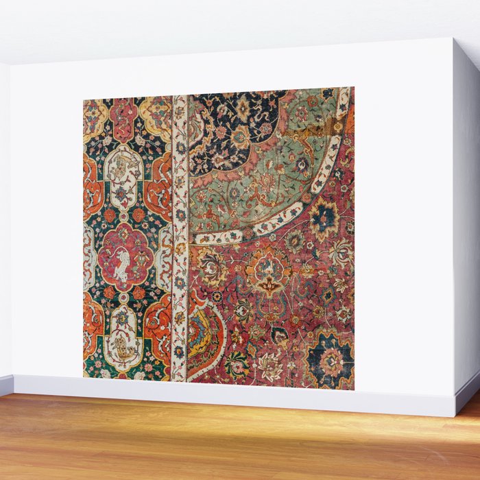 Persian Medallion Rug II // 16th Century Distressed Red Green Blue Flowery Colorful Ornate Pattern Wall Mural Gallery Image 2