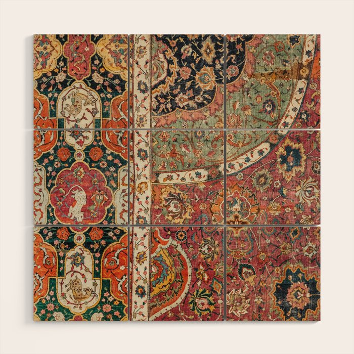 Persian Medallion Rug II // 16th Century Distressed Red Green Blue Flowery Colorful Ornate Pattern Wood Wall Art Gallery Image 1