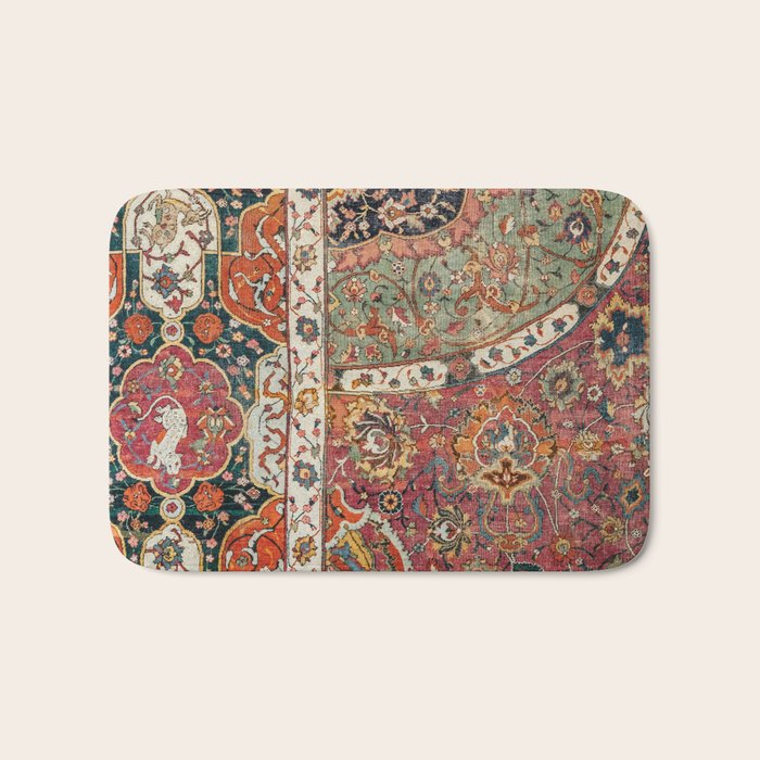 Persian Medallion Rug II // 16th Century Distressed Red Green Blue Flowery Colorful Ornate Pattern Bath Mat Gallery Image 1