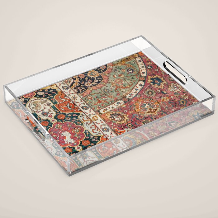 Persian Medallion Rug II // 16th Century Distressed Red Green Blue Flowery Colorful Ornate Pattern Acrylic Tray Gallery Image 1
