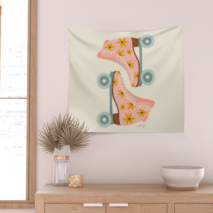Retro Roller Skates - Blush & Mint Palette Wall Tapestry Gallery Image 2