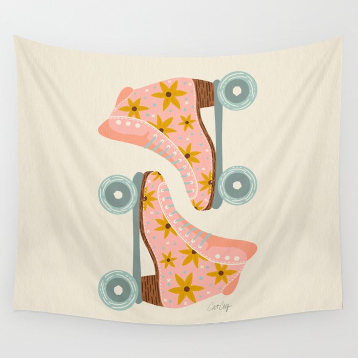 Retro Roller Skates - Blush & Mint Palette Wall Tapestry Gallery Image 4