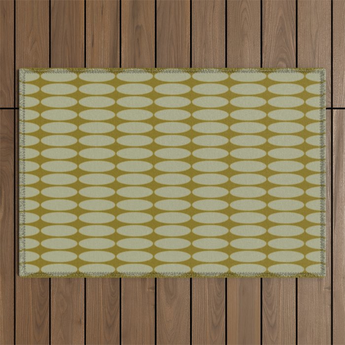 Mid Century Modern Geometric Ovalia Pattern in Vintage Olive Green and Celadon Outdoor Rug Gallery Image 1