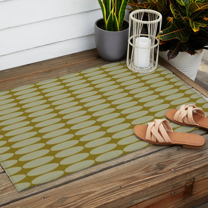 Mid Century Modern Geometric Ovalia Pattern in Vintage Olive Green and Celadon Outdoor Rug Gallery Image 2