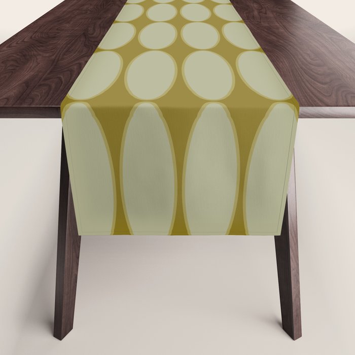 Mid Century Modern Geometric Ovalia Pattern in Vintage Olive Green and Celadon Table Runner Gallery Image 1