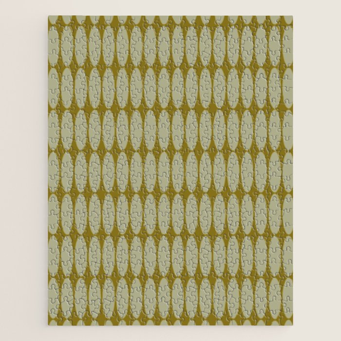 Mid Century Modern Geometric Ovalia Pattern in Vintage Olive Green and Celadon Jigsaw Puzzle Gallery Image 1