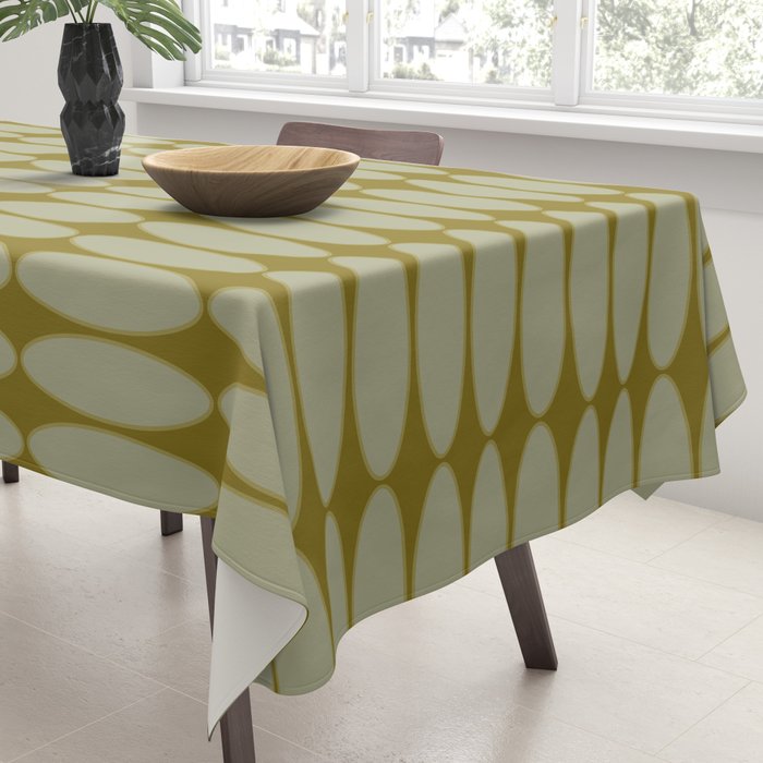 Mid Century Modern Geometric Ovalia Pattern in Vintage Olive Green and Celadon Tablecloth Gallery Image 3