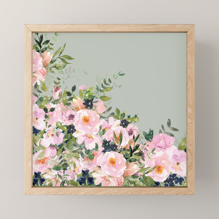 Floral Watercolor, Roses, Green and Pink Mini Art Print Gallery Image 1