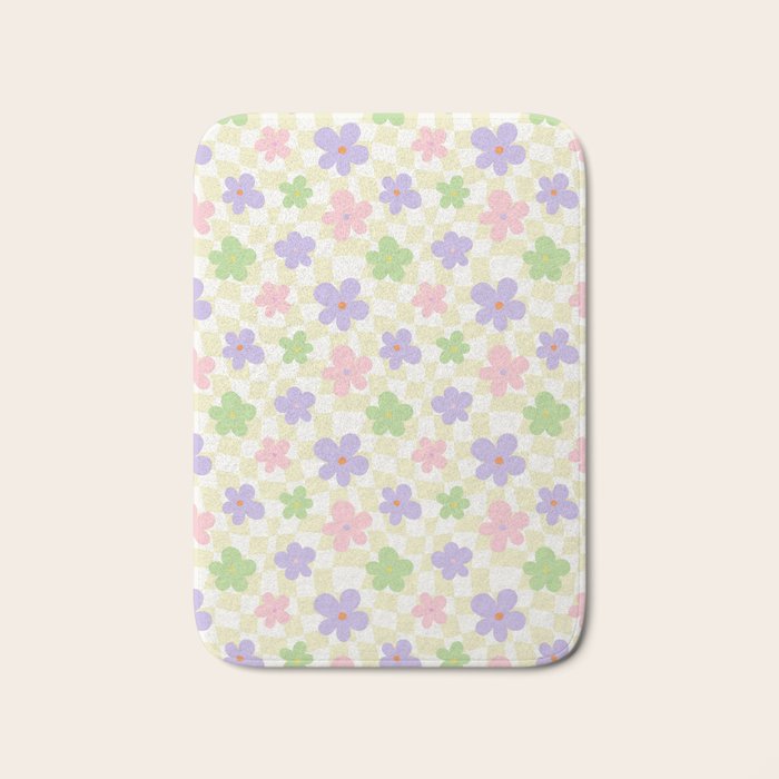 Colorful retro flower checkered pattern Bath Mat Gallery Image 1