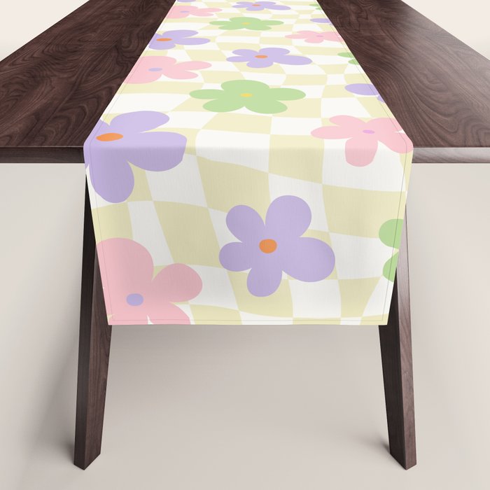 Colorful retro flower checkered pattern Table Runner Gallery Image 1