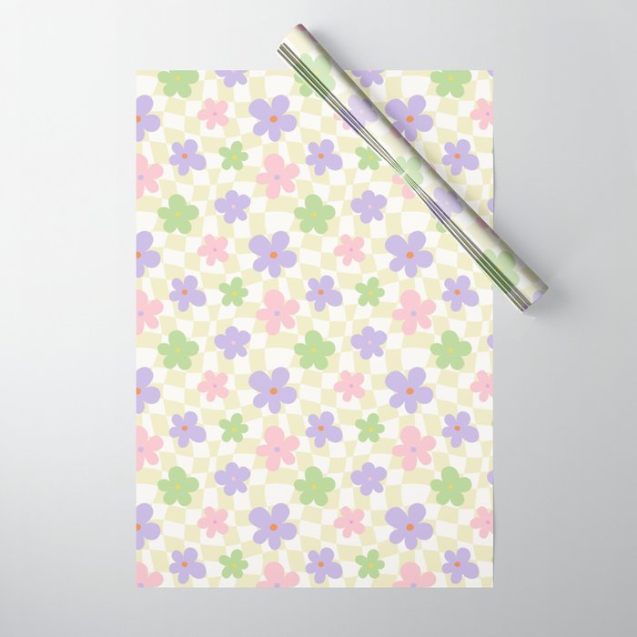 Colorful retro flower checkered pattern Wrapping Paper Gallery Image 1