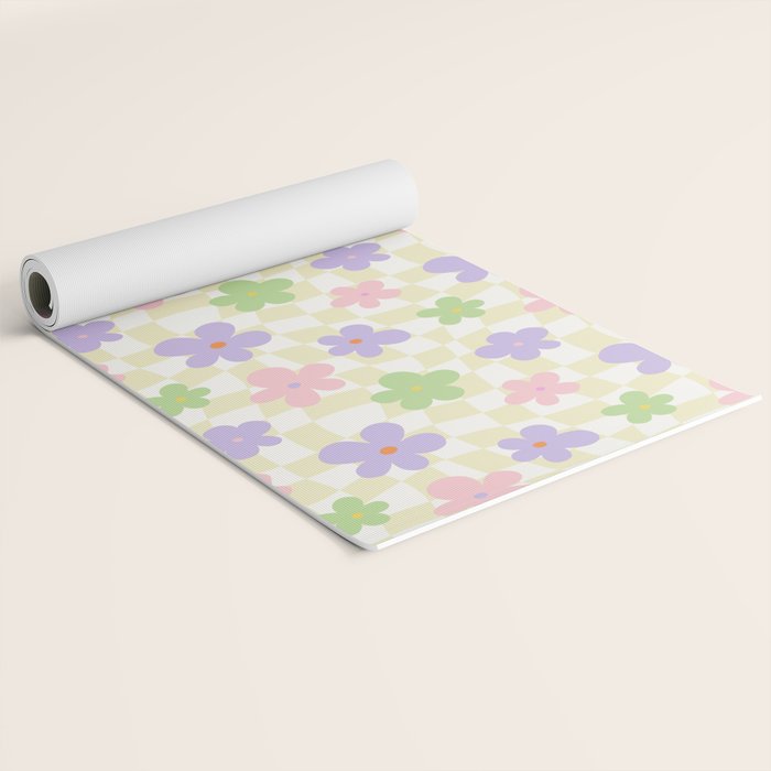 Colorful retro flower checkered pattern Yoga Mat Gallery Image 2