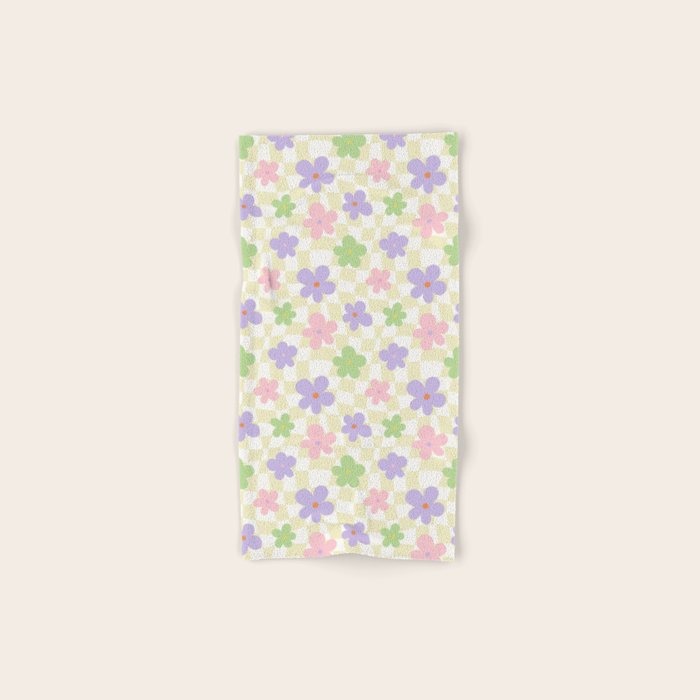 Colorful retro flower checkered pattern Bath Towel Gallery Image 1