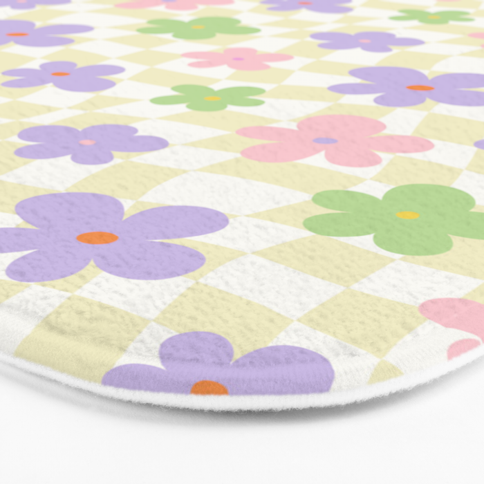 Colorful retro flower checkered pattern Bath Mat Gallery Image 3