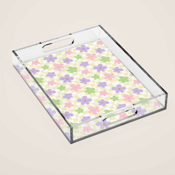 Colorful retro flower checkered pattern Acrylic Tray Gallery Image 1