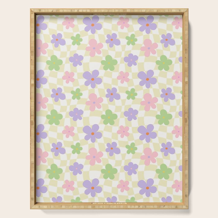 Colorful retro flower checkered pattern Serving Tray Gallery Image 1