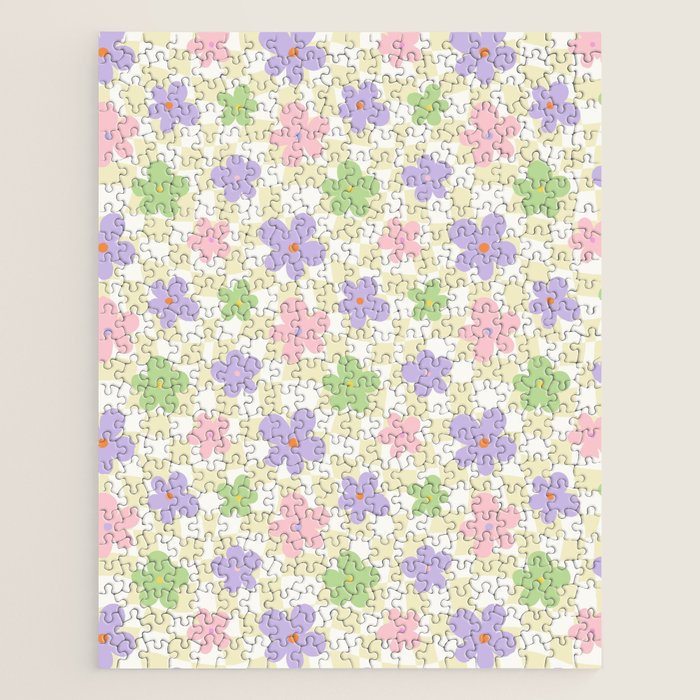 Colorful retro flower checkered pattern Jigsaw Puzzle Gallery Image 1