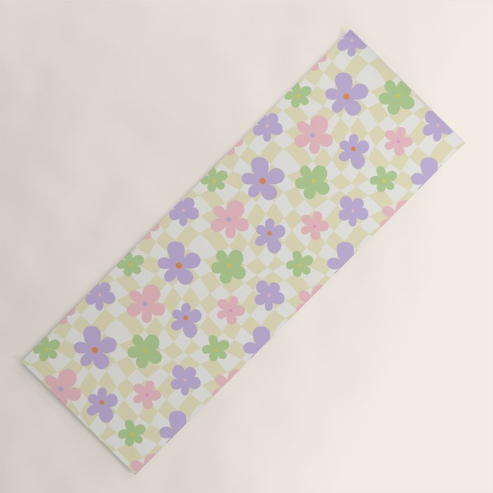 Colorful retro flower checkered pattern Yoga Mat Gallery Image 1