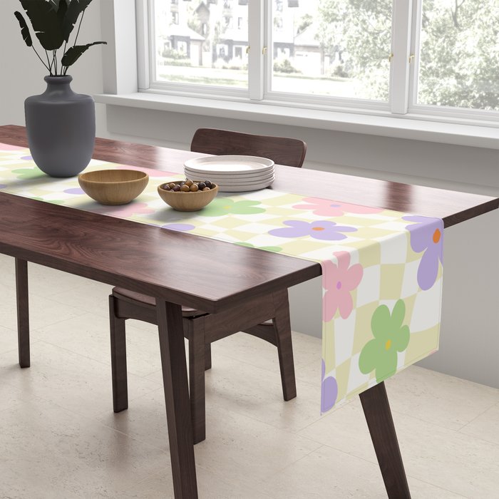 Colorful retro flower checkered pattern Table Runner Gallery Image 2