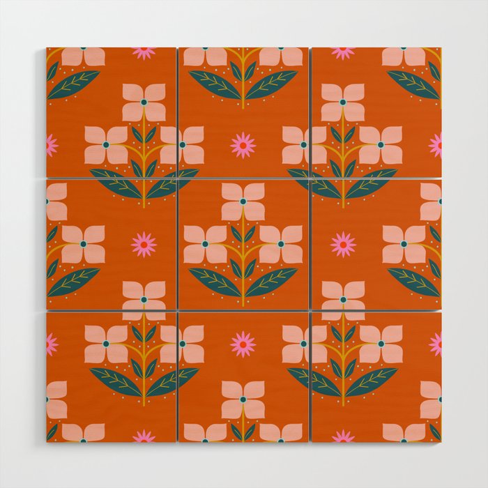 Retro Pink Floral Bunches Pattern - Terracotta  Wood Wall Art Gallery Image 1