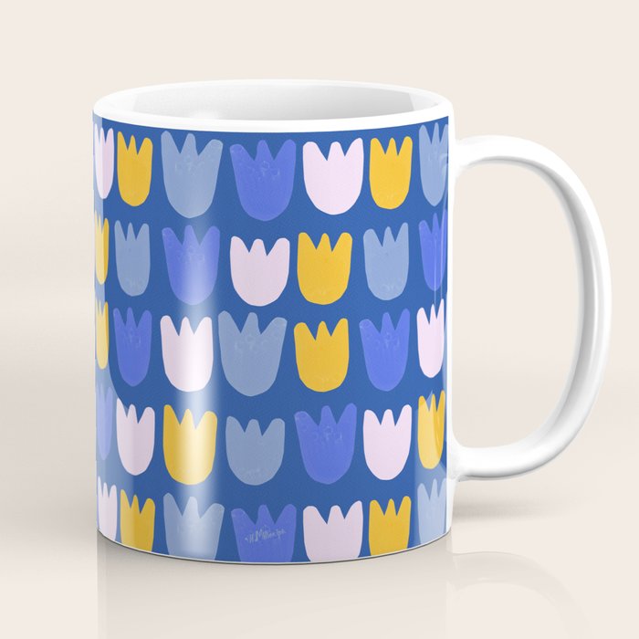 Rows of Tulips in Bloom in Blue & Mustard Yellow Coffee Mug Gallery Image 1