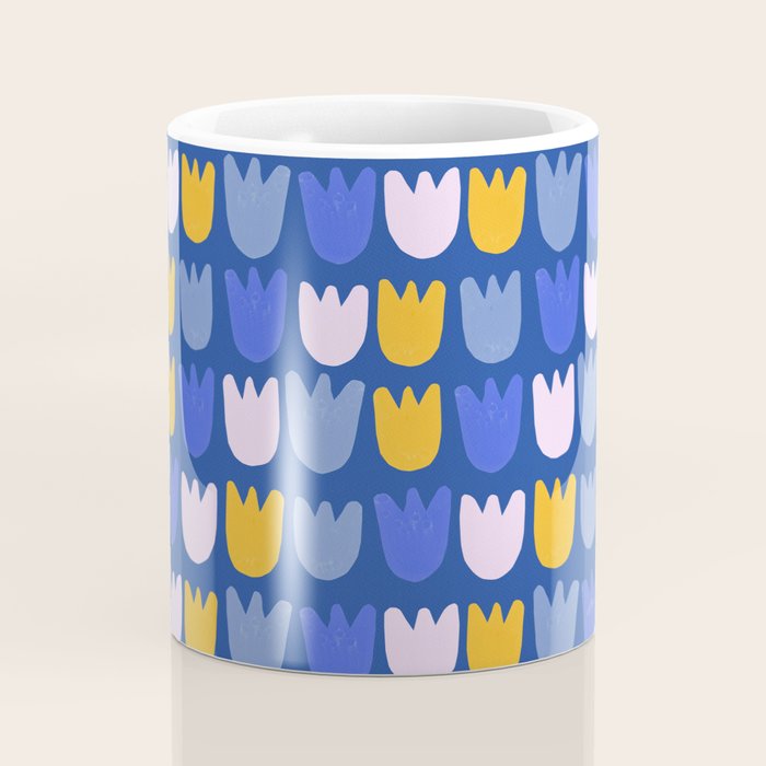 Rows of Tulips in Bloom in Blue & Mustard Yellow Coffee Mug Gallery Image 4