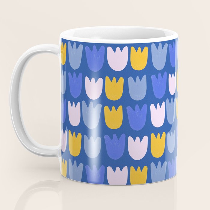Rows of Tulips in Bloom in Blue & Mustard Yellow Coffee Mug Gallery Image 3