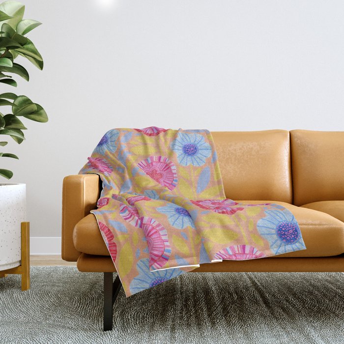 Folk Floral Blossoms in Pastel Pink Throw Blanket Gallery Image 1