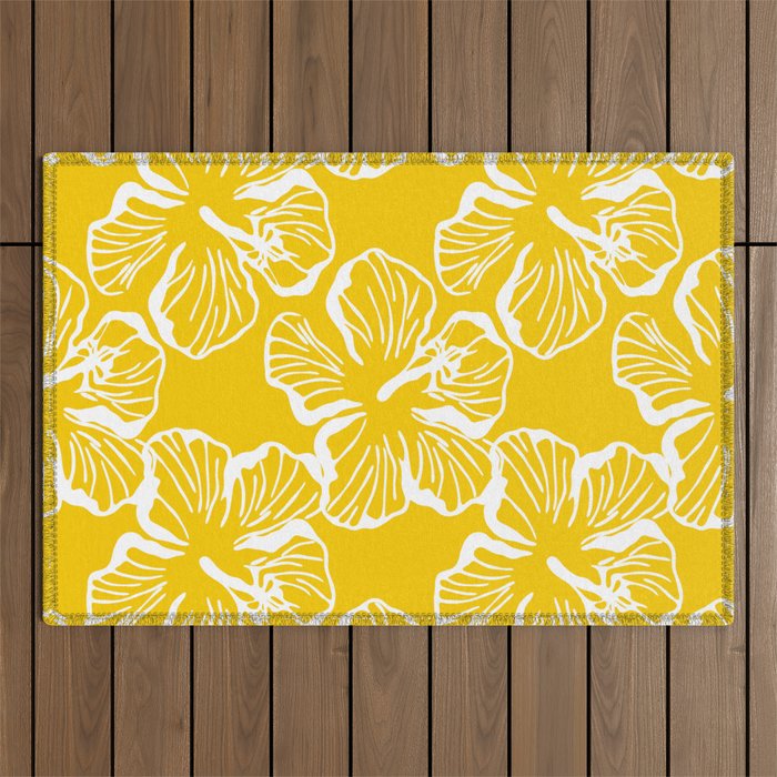 Yellow tropical hibiscus flower art pattern Outdoor Rug Gallery Image 1