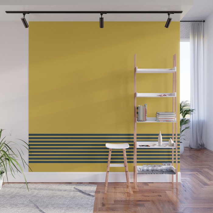 Cuff Stripe Minimalist Pattern  - Navy Blue Stripes on Light Mustard Yellow Solid Wall Mural Gallery Image 1