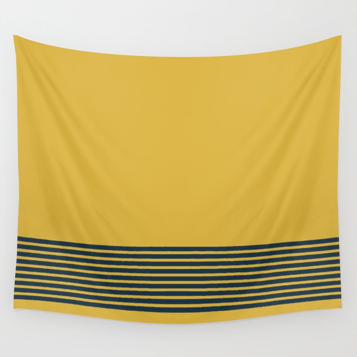 Cuff Stripe Minimalist Pattern  - Navy Blue Stripes on Light Mustard Yellow Solid Wall Tapestry Gallery Image 4