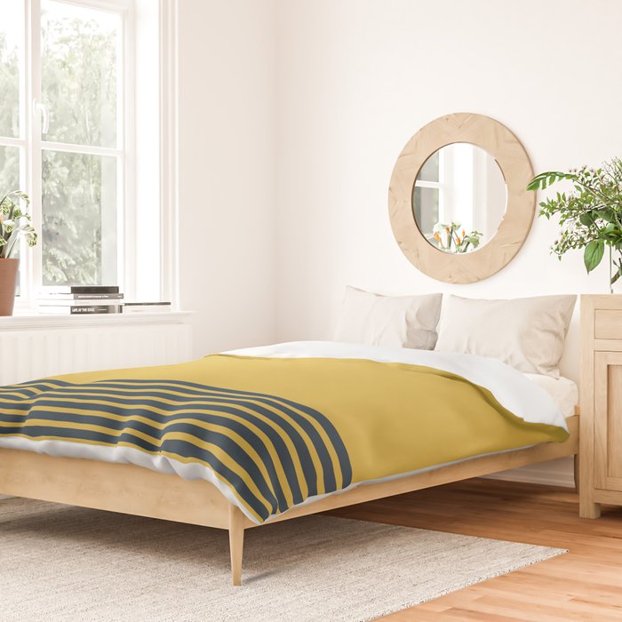 Cuff Stripe Minimalist Pattern  - Navy Blue Stripes on Light Mustard Yellow Solid Duvet Cover Gallery Image 2