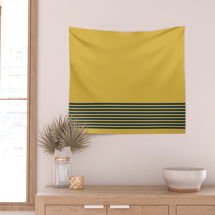 Cuff Stripe Minimalist Pattern  - Navy Blue Stripes on Light Mustard Yellow Solid Wall Tapestry Gallery Image 2