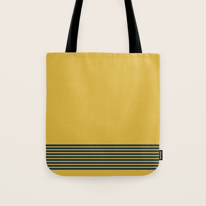 Cuff Stripe Minimalist Pattern  - Navy Blue Stripes on Light Mustard Yellow Solid Tote Bag Gallery Image 1