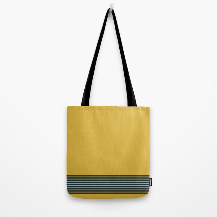 Cuff Stripe Minimalist Pattern  - Navy Blue Stripes on Light Mustard Yellow Solid Tote Bag Gallery Image 2