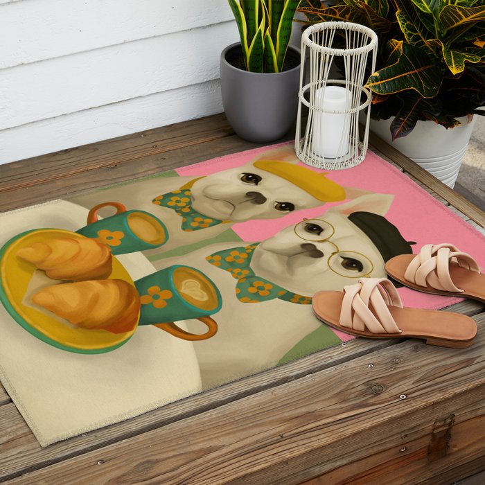 French Bulldogs at Breakfast Cafe Outdoor Rug Gallery Image 2