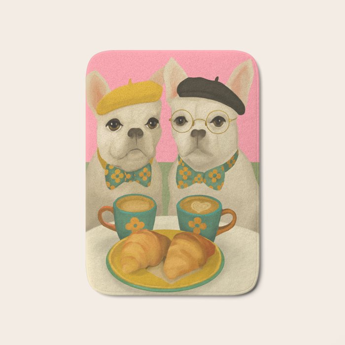 French Bulldogs at Breakfast Cafe Bath Mat Gallery Image 1