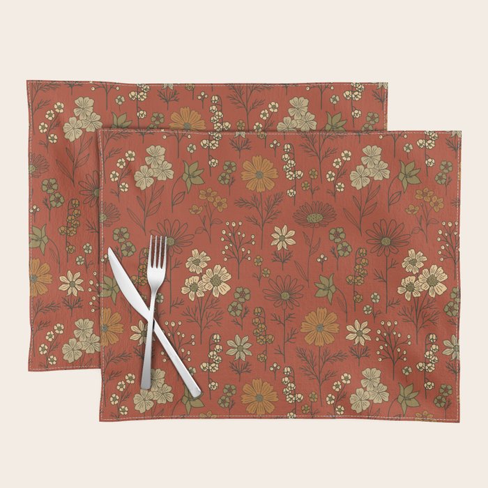 Burnt Orange & Olive Green Floral Placemat Gallery Image 1