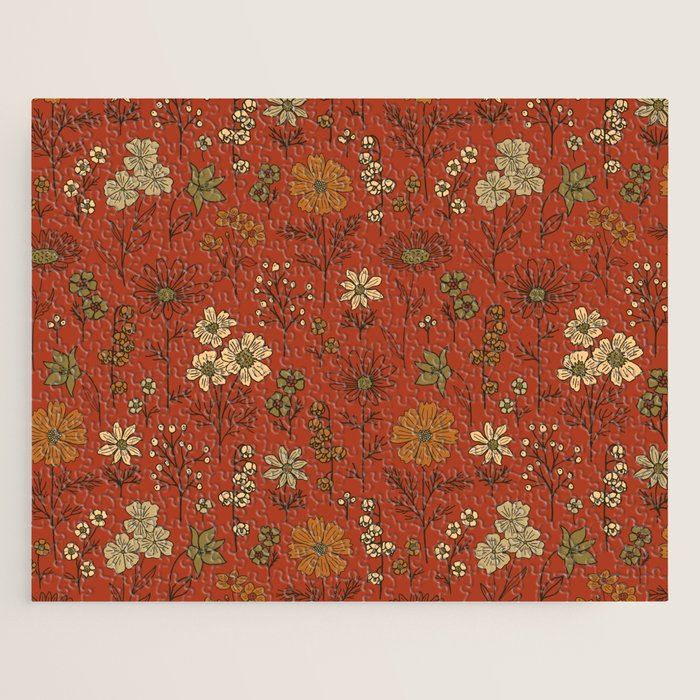 Burnt Orange & Olive Green Floral Jigsaw Puzzle Gallery Image 1