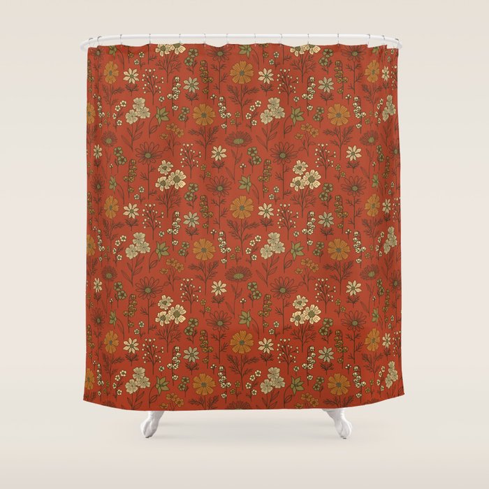 Burnt Orange & Olive Green Floral Shower Curtain Gallery Image 1