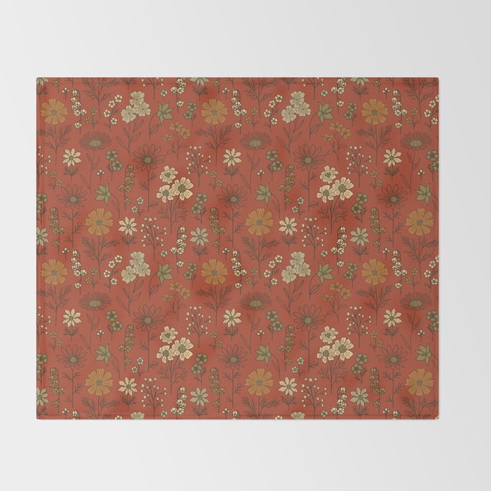 Burnt Orange & Olive Green Floral Throw Blanket Gallery Image 2